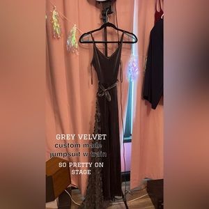 size small grey crushed velvet jumpsuit with train